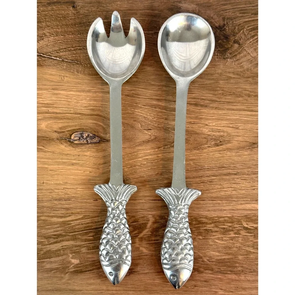 Vintage Metal Fish Handled Salad Serving Set w/Fork and Spoon 12